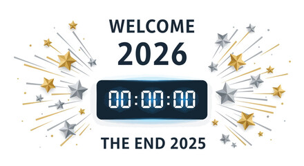 Celebrate the arrival of the new year 2026 with a digital countdown clock and sparkling starbursts signifying the end of 2025
