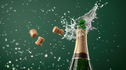 An open bottle of champagne on a green background. the splashes of the drink fly apart. The concept of celebration and fun.