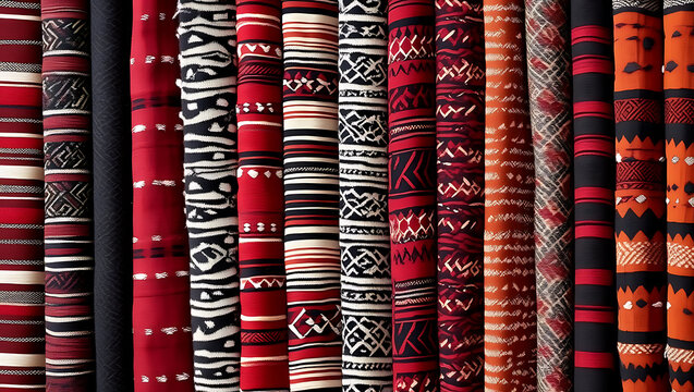 A colorful display of various traditional sadu woven textiles with intricate geometric patterns.