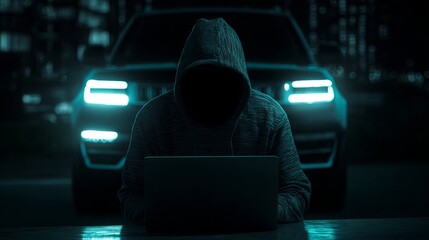 Intense hooded hacker using laptop with car headlights illuminating dark city street at night, portraying digital crime and cybersecurity risks
