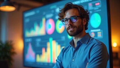 Obraz premium Young man in glasses stands near big screen with colorful charts. He works in office near digital data. Pro leader analyzes company success.