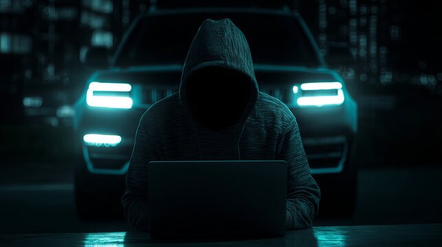 Intense hooded hacker using laptop with car headlights illuminating dark city street at night, portraying digital crime and cybersecurity risks