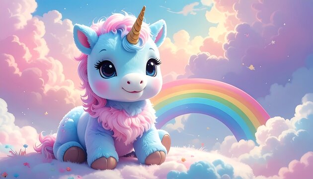 Cute unicorn cartoon illustration against a dreamy rainbow cloudscape backdrop - Powered by Adobe