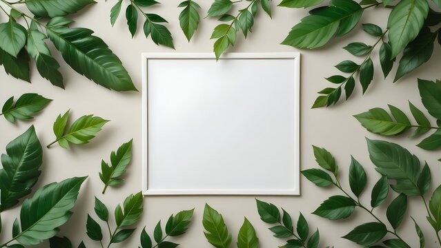 Empty White Square Frame Adorned with Green Ivy Vines on a Light Beige Wall