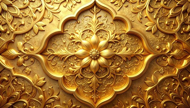 Antique gold metal texture background with oriental Thai temple carving pattern design