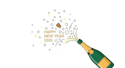 Happy new year 2026 celebration with a champagne bottle popping cork and bubbles exploding in a festive design