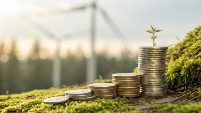 Coins stacked on moss with small plant sprout and wind turbine in background carbon neutral renewable energy forest sustainable finance green investment inspiring growth stack
