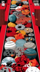 A surreal scene depicts a bowling lane filled with various planets and celestial bodies instead of bowling balls.