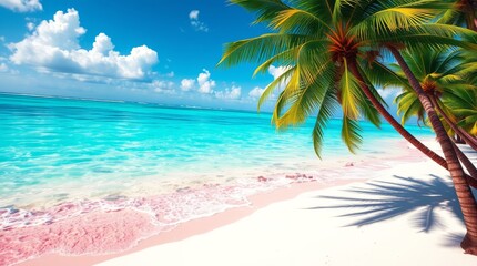 Tropical Paradise: Palm trees frame a pristine beach where crystal-clear turquoise waters meet a soft, inviting sandy shore. Underneath a brilliant blue sky.