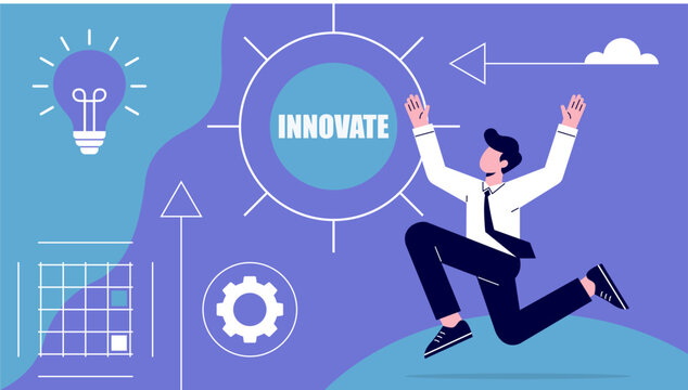 Business Professional Jumping to Activate Innovation Button in Modern Flat Design