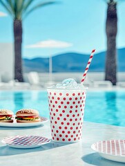 A polka dot cup filled with ice and a red and white striped straw sits on a table next to two burgers by a swimming pool.