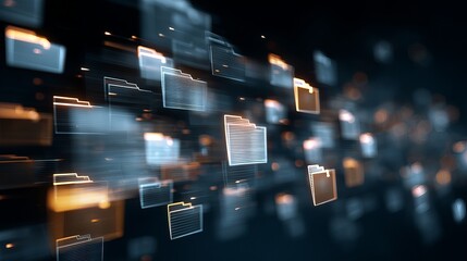 Modern abstract data flow visualization with glowing folders for digital transformation or cloud storage solutions, a dynamic technology background