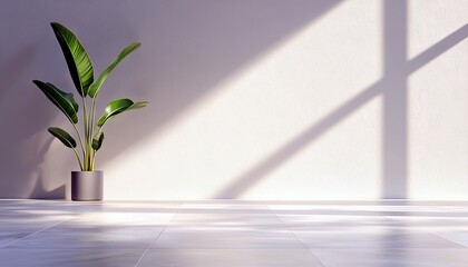A potted plant with large green leaves stands in a minimalist room, with dramatic sunlight and shadow patterns cast on the wall and floor.