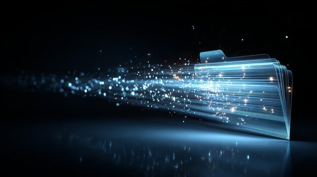Futuristic data transfer showing secure digital file management with blue glowing light trails for modern business and innovative technology solutions
