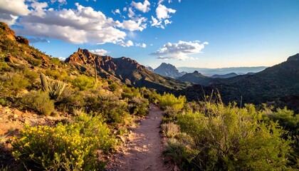 Desert landscape with a trail winding through vibrant green and yellow vegetation under a partly cloudy blue sky with distant mountain peaks