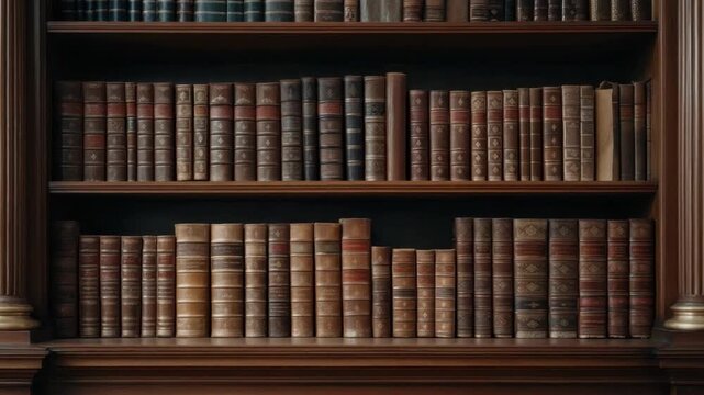Elegant wooden bookshelf filled with classic leather-bound books in a serene library setting, evoking a sense of history and intellectualism. 4k video footage