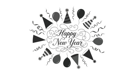 Festive happy new year greeting with balloons party hats and confetti in a circular arrangement on a white background