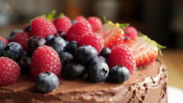 Close-up of cake topped with assorted berries on brown surface, for food advertising