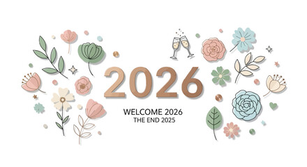 Happy new year 2026 celebration with champagne glasses and delicate floral decorations welcoming the new year and bidding farewell to 2025