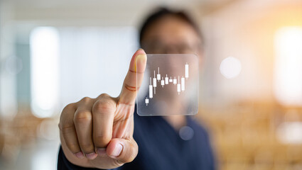 Analyzing Financial Data with Futuristic Technology A Business Professional Interacting with a Transparent Display Showing Stock Market Trends and Investment Analysis