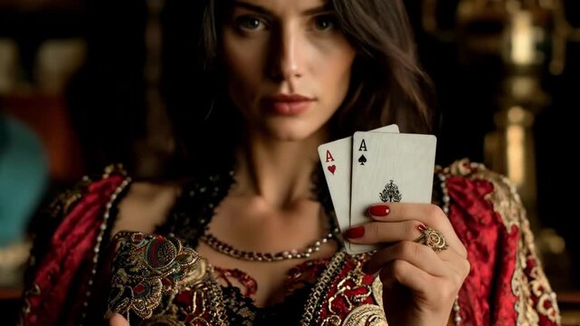 A woman in an ornate red outfit holds two Ace cards toward the camera, gaze poised. with soft light
