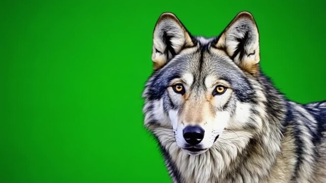 Close up shot of a wolf's head in profile against bright green background looking to the left green screen wolf video