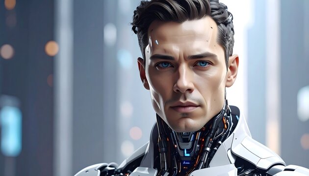 A handsome man with dark hair and vibrant blue eyes, wearing a futuristic white and grey robotic suit