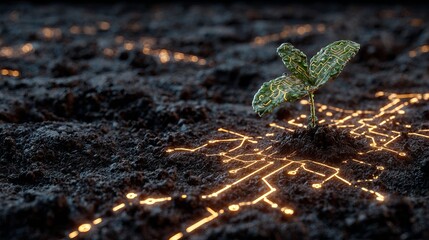 Stunning futuristic plant sprouting from fertile soil with glowing circuit patterns symbolizing growth, innovation, and sustainable technology solutions