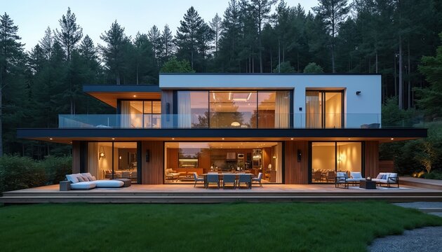 Modern luxurious house nested in forest. Large glass windows and balcony offer forest views. Exterior features wood, concrete, steel. Interior spaces look cozy and inviting.