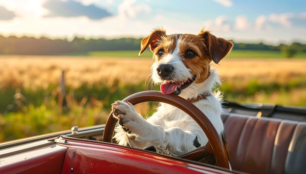 A happy dog in a red convertible car, joyfully 'driving' through a sunlit field during a bright, sunny day