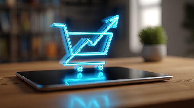 Boost online sales with this vibrant neon shopping cart icon showing upward growth on tablet, perfect for e-commerce and digital marketing campaigns