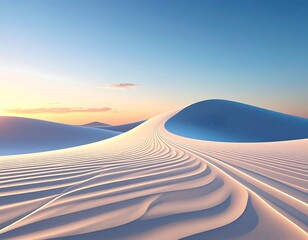 Serene desert landscape, dunes gently rolling toward a horizon, bathed in a warm sunset glow beneath a clear, gradient sky