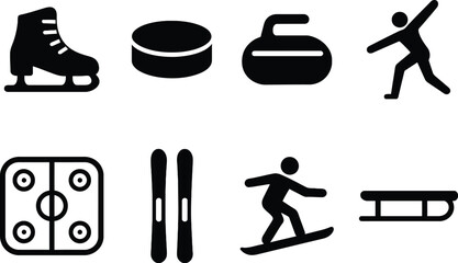 Winter Sports Icon Set , Ice Skate Symbol , – Black Silhouettes of Ice Skate, Hockey, Curling, Figure Skating, Skiing, Snowboarding, and Sledding for Seasonal and Athletic Designs