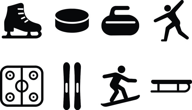 Winter Sports Icon Set , Ice Skate Symbol , &ndash; Black Silhouettes of Ice Skate, Hockey, Curling, Figure Skating, Skiing, Snowboarding, and Sledding for Seasonal and Athletic Designs