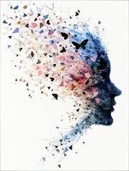 A human profile dissolves into a swarm of colorful butterflies and abstract shapes, symbolizing transformation or release.