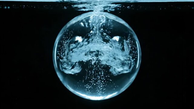 Glass sphere fills with water creating bubbles underwater. Transparent bubble releases air particles in water. Sphere submerges creating bubbles. Water fills glass sphere with air bubbles rising.