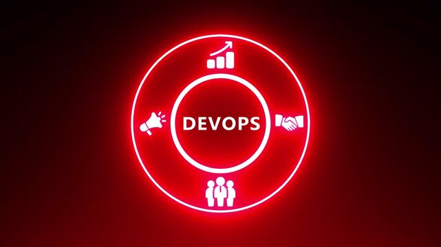 Glowing Red Circle with Dev Ops Symbol and Business Icons on Dark Background DevOps development operations