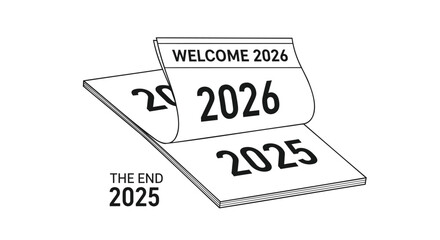 A calendar page turns from the end of 2025 to welcome the beginning of 2026 with bold text