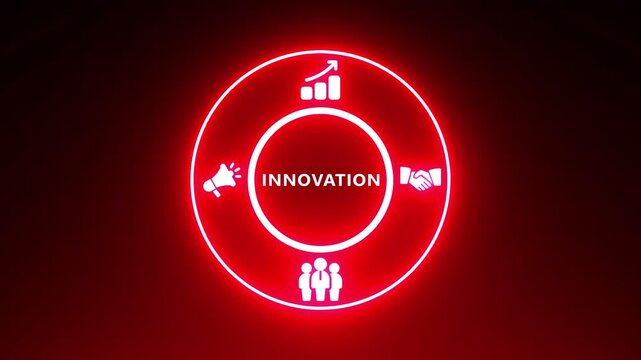 INOVATION concept with icons for growth marketing teamwork and communication in a neon circle