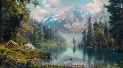 Peaceful camping in a mountainous area by a lake. A tent and a cozy campfire are located among the rocks against the backdrop of beautiful mountains and tall trees.