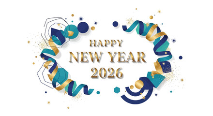 Elegant happy new year 2026 greeting with swirling teal gold ribbons and festive confetti on a white background