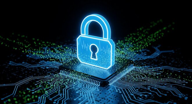 Glowing padlock on a circuit board representing cybersecurity and data protection for digital security concepts