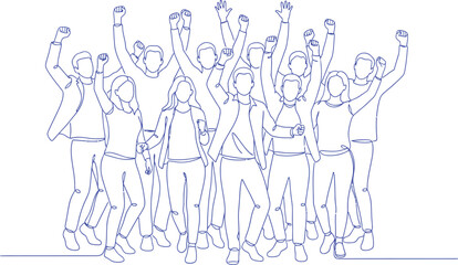 Team Celebration Line Art Illustration,Happy Team Success Outline Drawing,Group of People Cheering Minimalist Art.