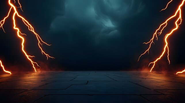 The image displays a dark, textured floor illuminated by intense orange lightning strikes on either side, set against a background of stormy, ominous dark blue clouds.
