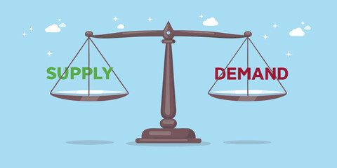 Supply and demand balance on scales economic equilibrium concept illustration