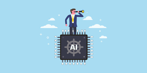 Ai visionary businessman on chip with spyglass future technology