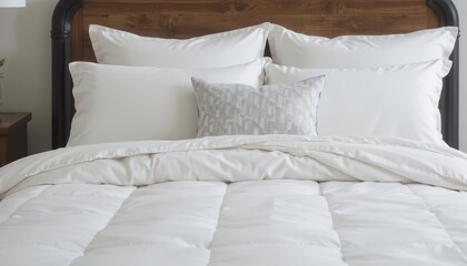 A neatly made bed with a wooden headboard. The bedding is white with multiple pillows and a decorative cushion in the center.