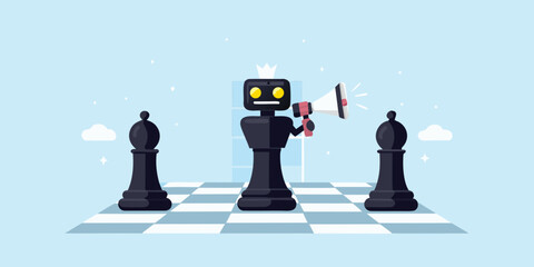 Robot king on chessboard announcing with megaphone strategy and ai concept