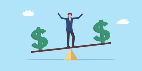 Businessman balancing between dollar signs on a seesaw financial stability