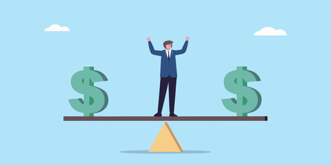 Businessman balancing on seesaw with dollar signs financial success concept